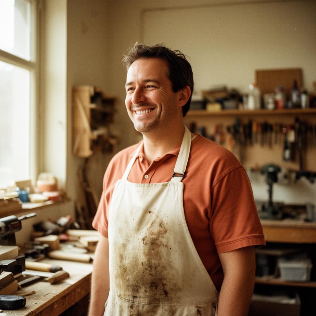 A local tradesperson smiling in their workshop